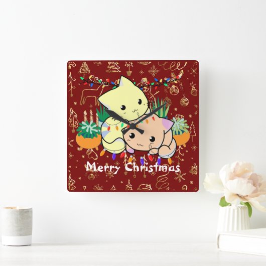 クリスマス猫かわいいカスタマイズパーソナライズされた文字 スクエア壁時計 (ホーム)