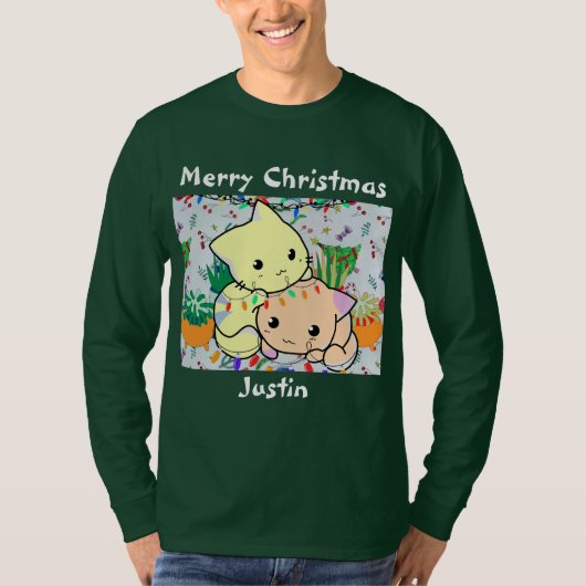 クリスマス猫かわいいカスタマイズパーソナライズされた文字 Tシャツ (正面)