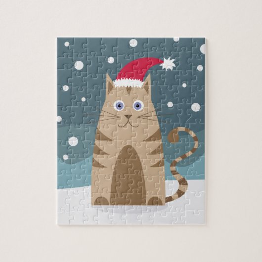 クリスマス猫がサンタハットをかぶっている ジグソーパズル (縦)