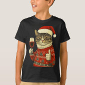 クリスマス猫がサンタ帽を被ってワインを飲むかわいい猫が好き Tシャツ (正面)