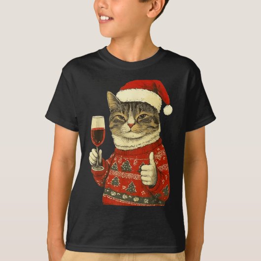 クリスマス猫がサンタ帽を被ってワインを飲むかわいい猫が好き Tシャツ (正面)