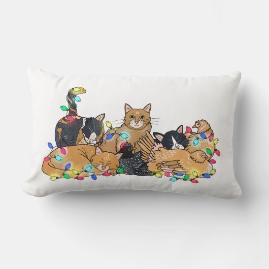 クリスマス猫とニワトリイラストレーション ランバークッション (正面)