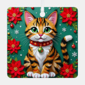 クリスマス猫とポインセチアのフェスティブクリスマス メタルオーナメント (正面)