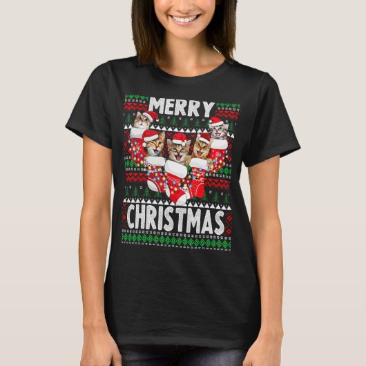 クリスマス猫と可愛いクリスマスアグイセーター Tシャツ (正面)