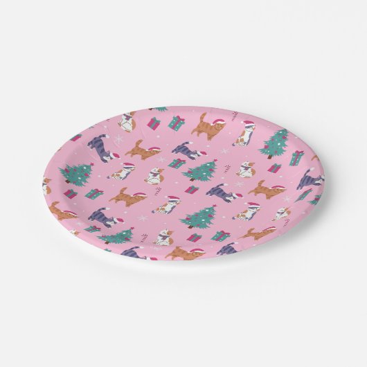 クリスマス猫と木のホリデーパターン ペーパープレート (アングル)