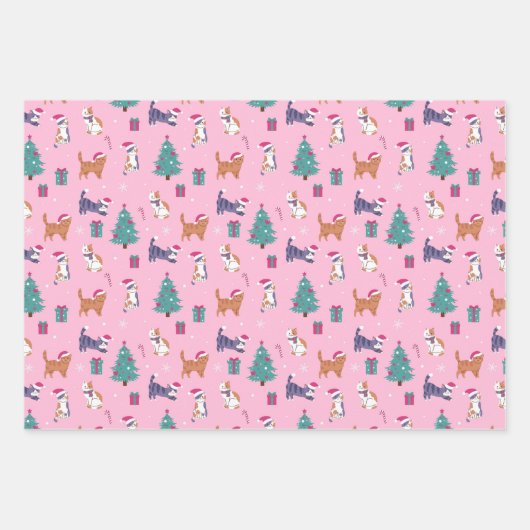 クリスマス猫と木のホリデーパターン ラッピングペーパーシート (正面3)