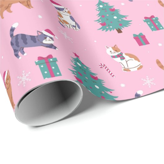 クリスマス猫と木のホリデーパターン ラッピングペーパー (ロールコーナー)