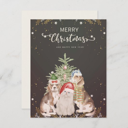 クリスマス猫と犬のかわいいクリスマスカード (正面/裏面)