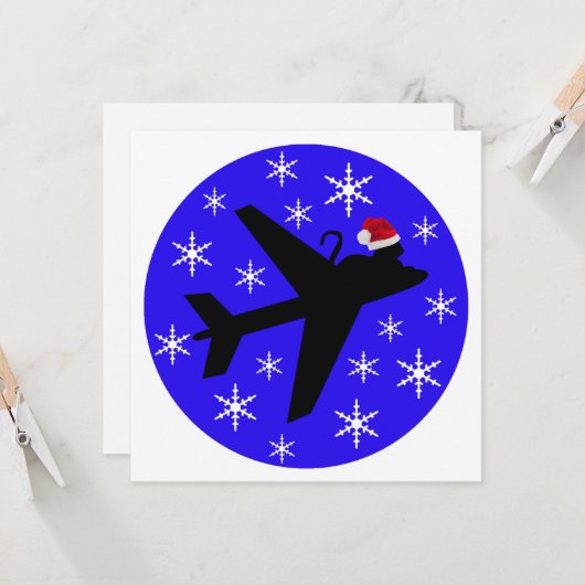 クリスマス猫と飛行機のフラットグリーティングカード カード (正面/裏面インサイチュ)