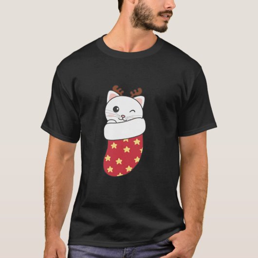 クリスマス猫のクリスマスソックスのかわいい猫 Tシャツ (正面)