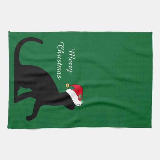 クリスマス猫のサンタのカスタムな緑 キッチンタオル (横)