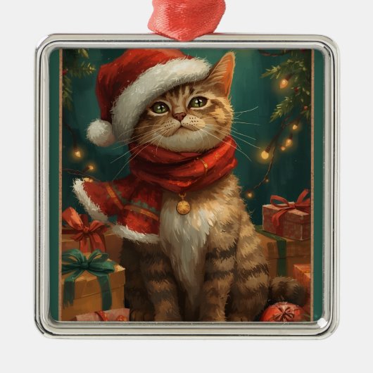 クリスマス猫のスクエアメタルオーナメント メタルオーナメント (正面)