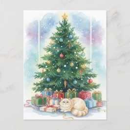 クリスマス猫のポストカード 水彩画 ホリデーアート ポストカード
