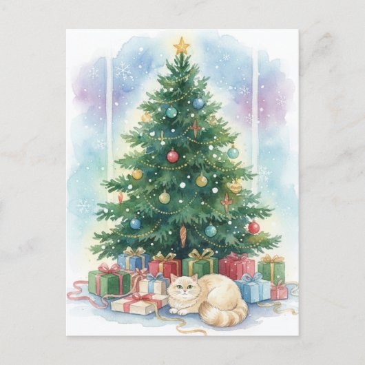 クリスマス猫のポストカード 水彩画 ホリデーアート ポストカード (正面)