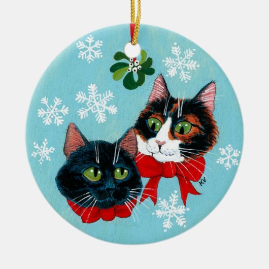 クリスマス猫のヤドリギの冬のオーナメント セラミックオーナメント (正面)