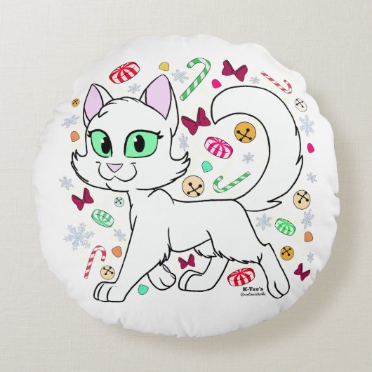 クリスマス猫の丸いクッション(白) ラウンドクッション (正面)