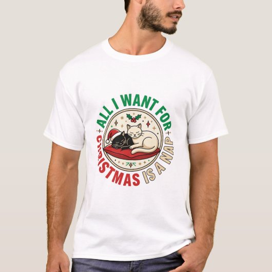 クリスマス猫の昼寝の休日のデザイン Tシャツ (正面)