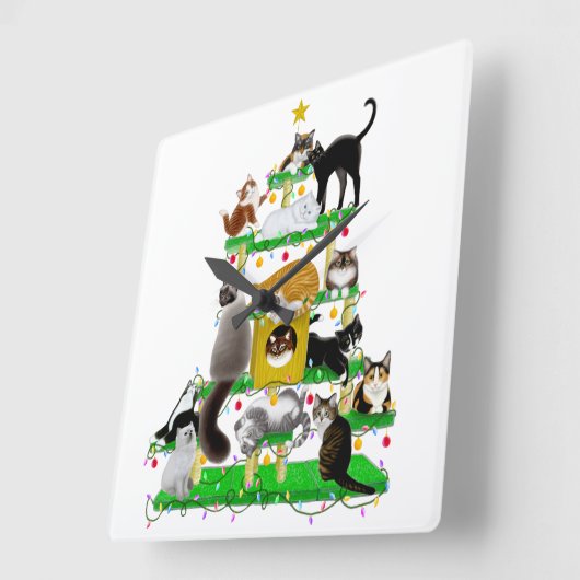 クリスマス猫の木時計 スクエア壁時計 (傾斜)
