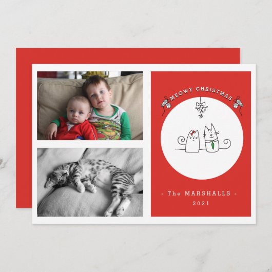 クリスマス猫の赤い写真おもしろいをお願い シーズンカード (正面/裏面)
