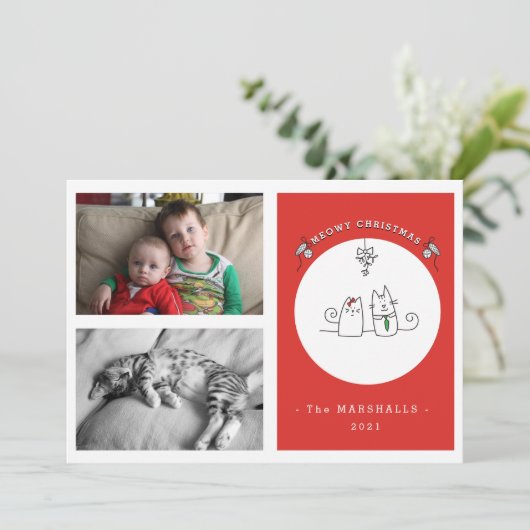 クリスマス猫の赤い写真おもしろいをお願い シーズンカード (スタンド正面)