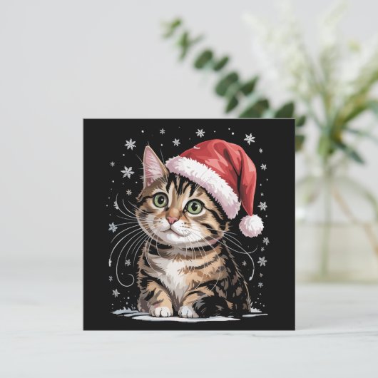 クリスマス猫の雪のサンタ帽子冬 シーズンカード (スタンド正面)