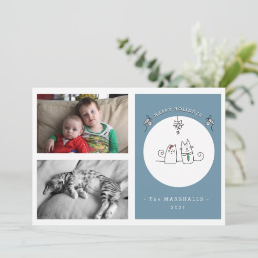 クリスマス猫の青い写真をおもしろいお願い シーズンカード (スタンド正面)