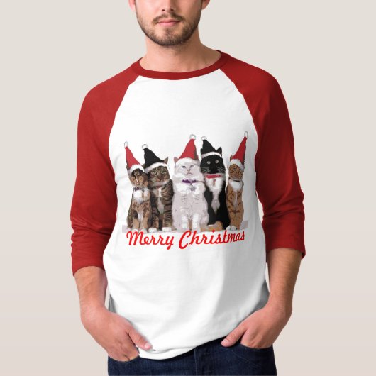 クリスマス猫のTシャツ-長袖-赤 Tシャツ (正面)