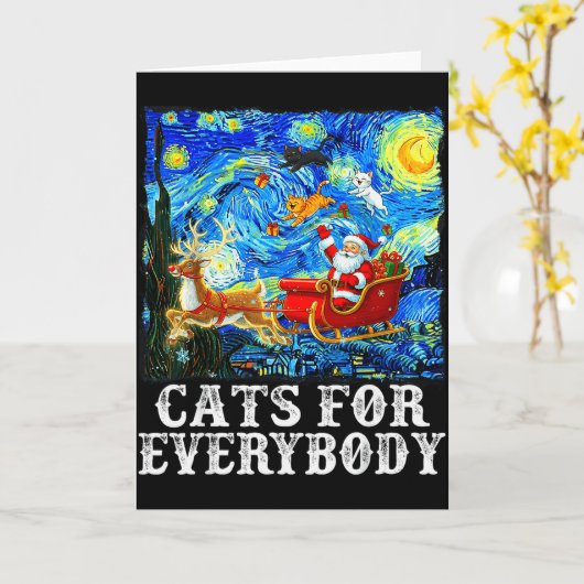 クリスマス猫みんなのためのサンタのスレイ 星空の夜 カード (黄色い花)