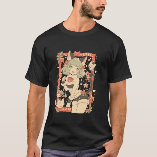 クリスマス猫ガールアニメ和風かわいいジャパンHolida Tシャツ (正面)
