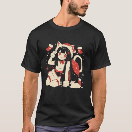 クリスマス猫ガールアニメ和風かわいいジャパンHolida Tシャツ (正面)
