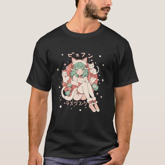 クリスマス猫ガールアニメ和風かわいいジャパンHolida Tシャツ (正面)