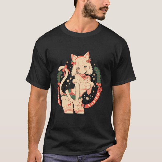 クリスマス猫ガールアニメ和風かわいいジャパンHolida Tシャツ (正面)
