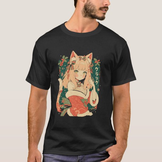 クリスマス猫ガールアニメ和風かわいいジャパンHolida Tシャツ (正面)
