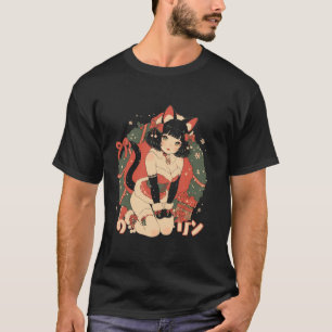 クリスマス猫ガールアニメ和風かわいいジャパンHolida Tシャツ