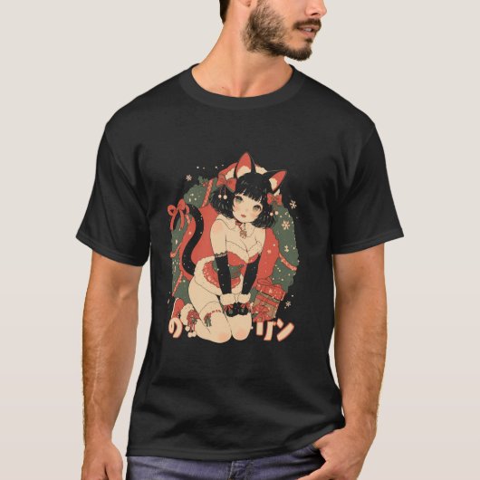 クリスマス猫ガールアニメ和風かわいいジャパンHolida Tシャツ (正面)