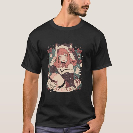 クリスマス猫ガールアニメ和風かわいいジャパンHolida Tシャツ (正面)