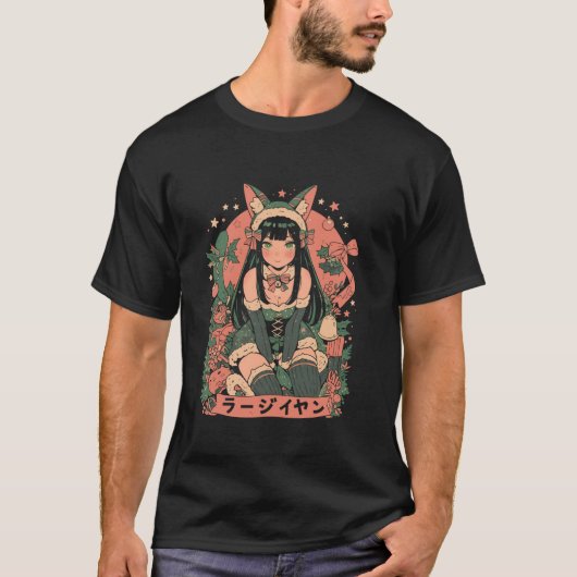 クリスマス猫ガールアニメ和風かわいいジャパンHolida Tシャツ (正面)