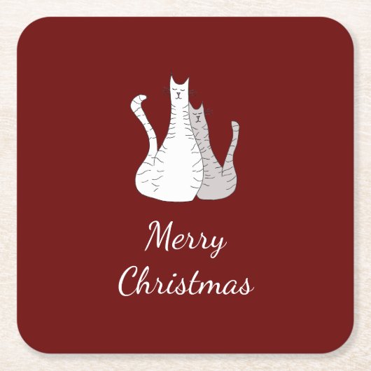 クリスマス猫スケッチかわいい猫ちゃん赤 スクエアペーパーコースター (正面)