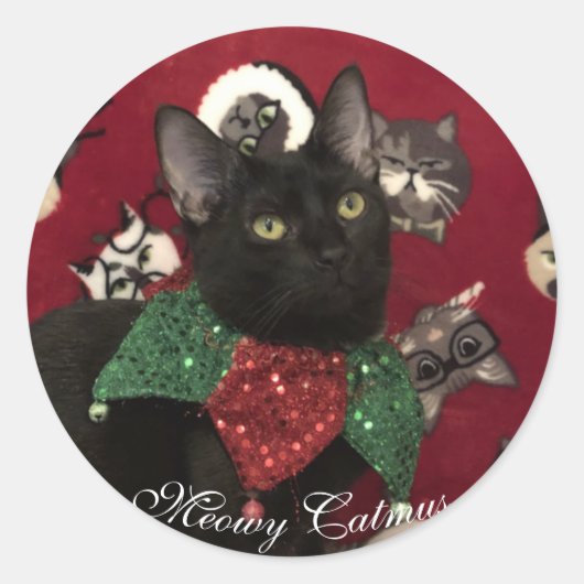 クリスマス猫ステッカーMeowy Catmus ラウンドシール (正面)