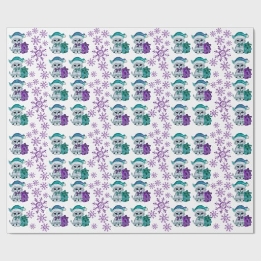 クリスマス猫パープルティール(緑がかった色)包装紙 ラッピングペーパー (フラット)