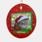 クリスマス猫ペット写真名レッド セラミックオーナメント (左)