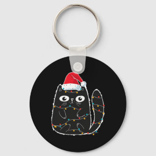 クリスマス猫好きで絡まったサンタ黒猫 キーホルダー