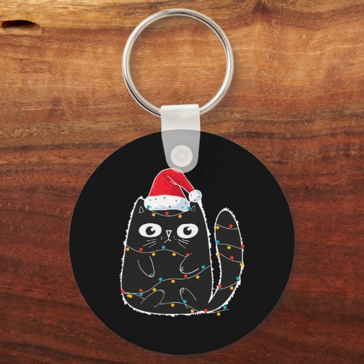 クリスマス猫好きで絡まったサンタ黒猫 キーホルダー (正面)