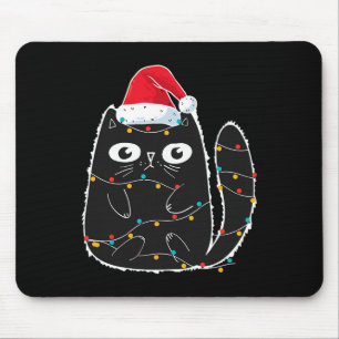 クリスマス猫好きで絡まったサンタ黒猫 マウスパッド
