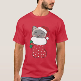 クリスマス猫用クリスマスソックスのかわいい猫 Tシャツ