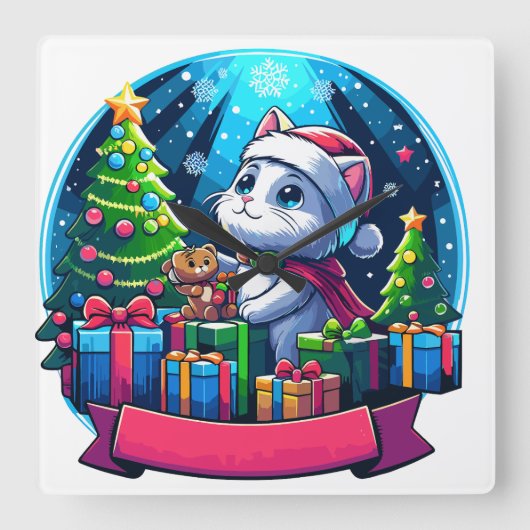 クリスマス猫 スクエア壁時計 (正面)
