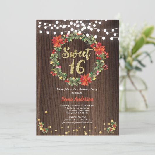 クリスマス甘い16誕生日リース素朴 招待状 (スタンド正面)