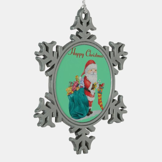 クリスマス用に緑の袋をしたかわいいサンタ スノーフレークピューターオーナメント (左)