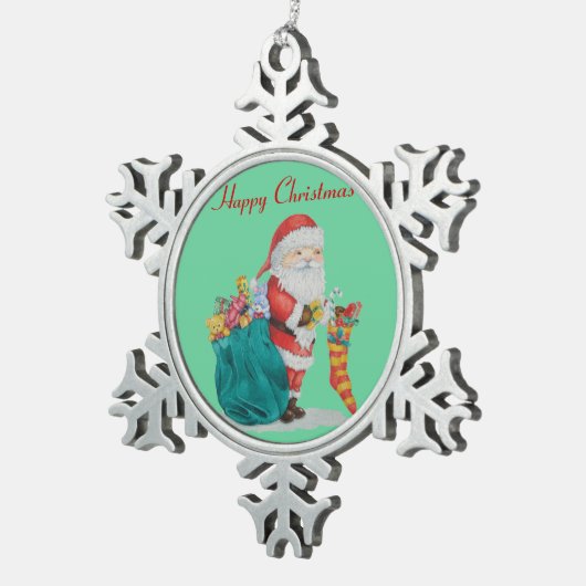 クリスマス用に緑の袋をしたかわいいサンタ スノーフレークピューターオーナメント (右)