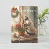 クリスマス用の冬の花を飾る猫 シーズンカード (スタンド正面)